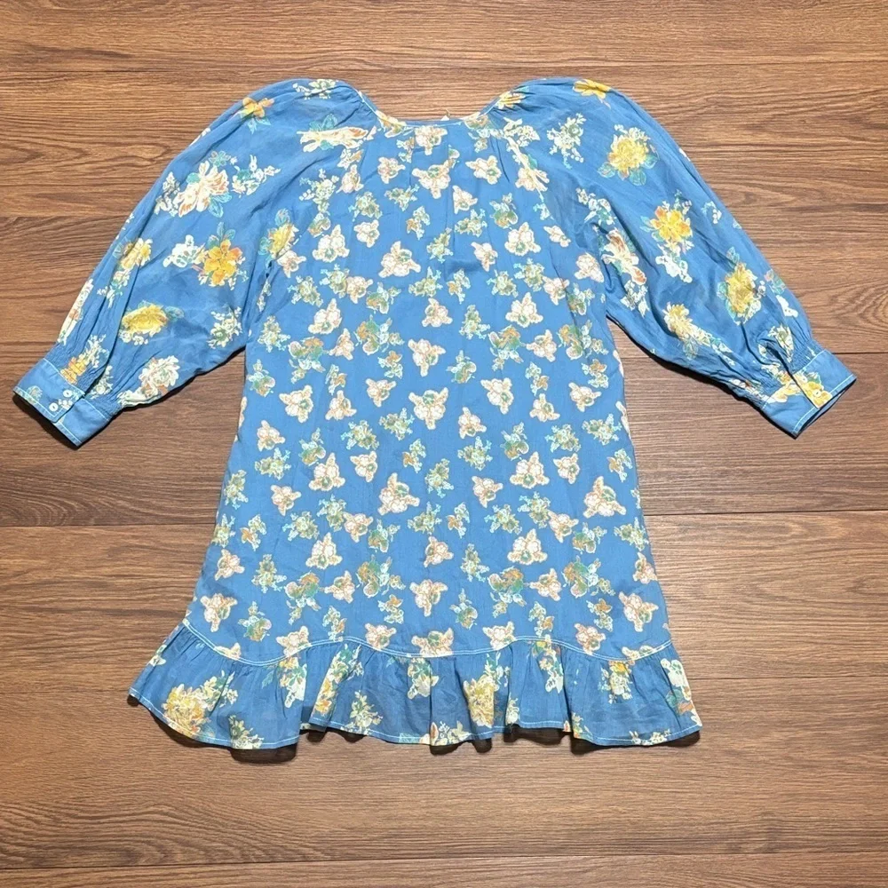 Free People Blue Ruffled Sundress with Square Neck Size: Small